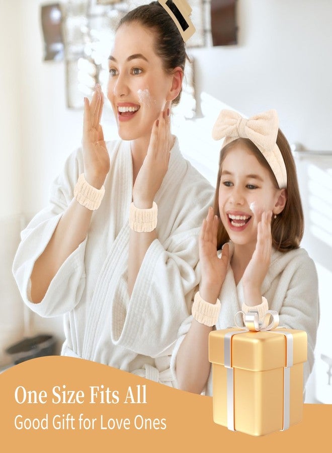 AMCAMI Spa Makeup Headband Set, Beige Fuzzy Bow Skincare Face Wash Headband Hair Accessories,Non-Slip Hair Claw Soft Wristbands for Women Daily - Image 4